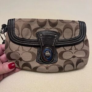 Coach Legacy Signature Jacquard Turnlock Flap Wristlet in Black and Brown